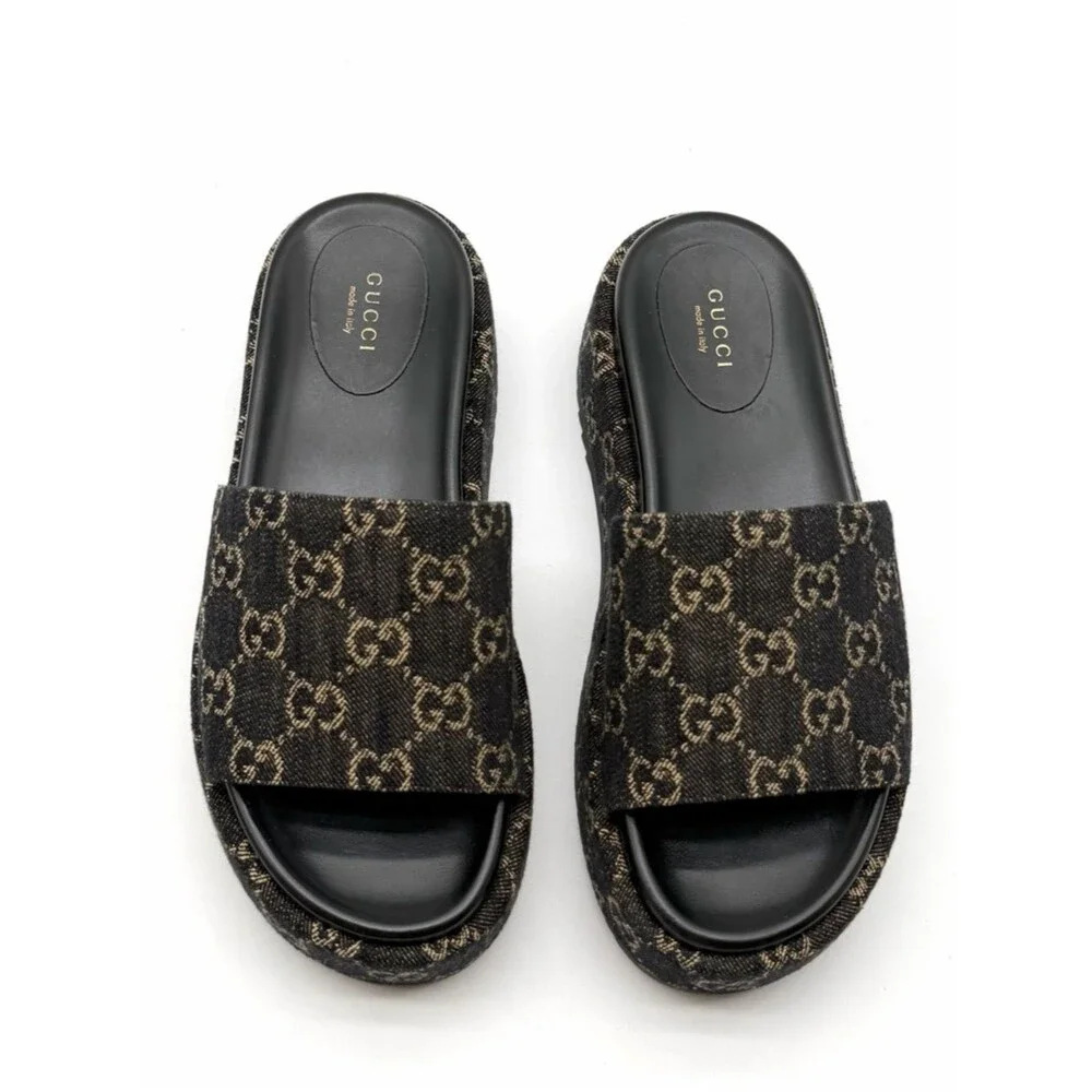 Gucci Angelina GG Monogram Platform in Black Denim Slide Sandals EU 39.5 US 9.5